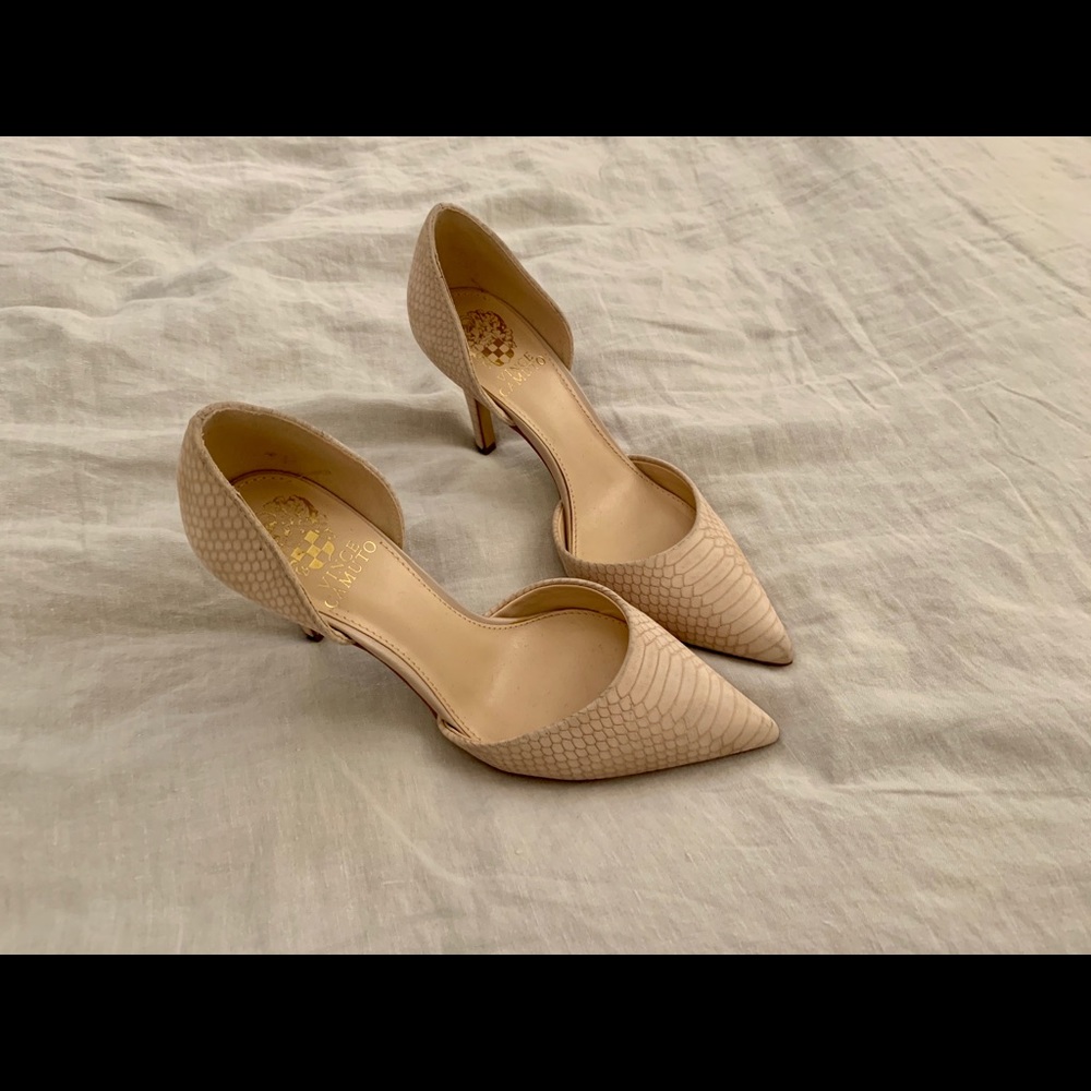 Vince Camuto Blush Suede Snake Heels